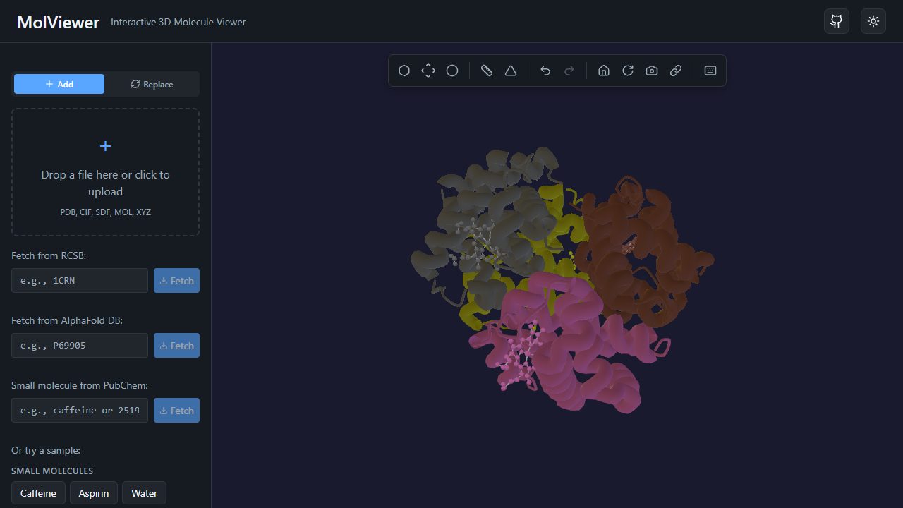 Hemoglobin (PDB 4HHB) as a cartoon colored by chain in the MolViewer online PDB viewer