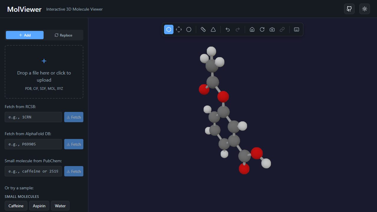 Aspirin opened from an SDF file, shown as ball-and-stick